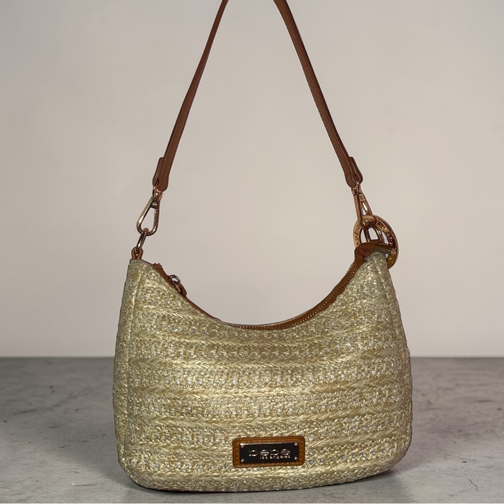 BEBE of LOS ANGELES “Eva” Small Woven Straw Shoulder Bag Single Strap Bag Tan
